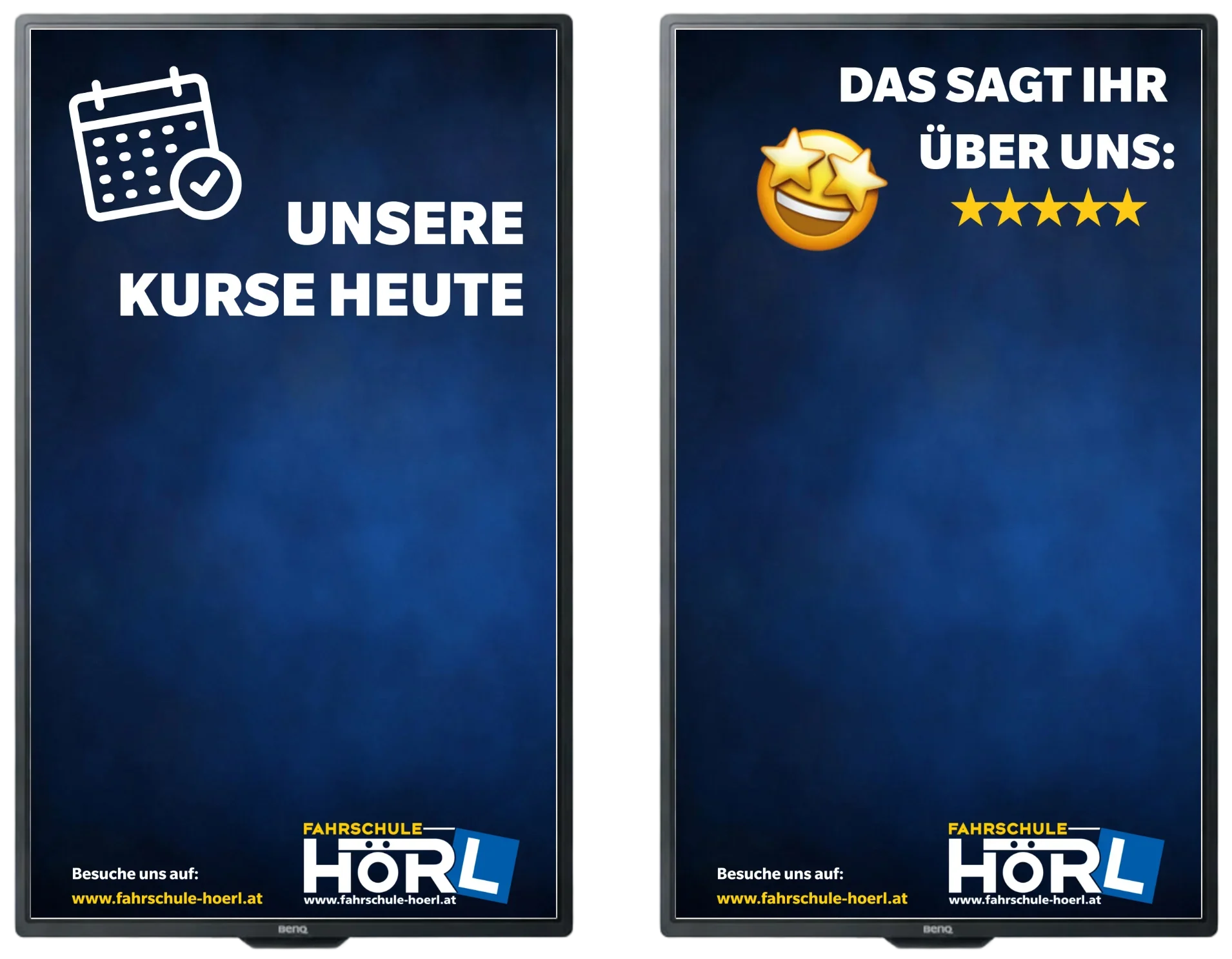 Digital Signage für die Fahrschule HÖRL: zwei Hochformat-Screens